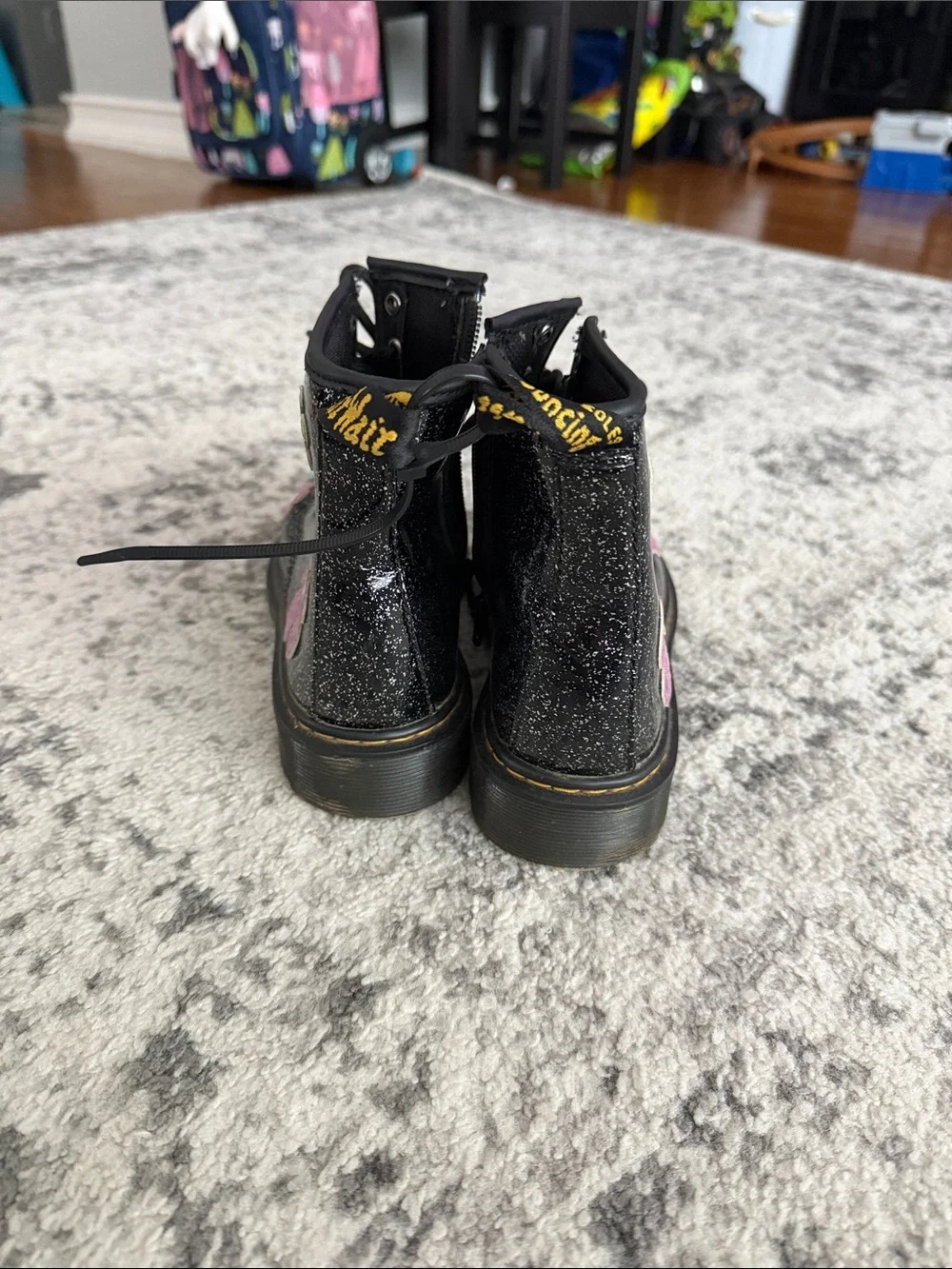 Doc Martens Black Glitter Floral Lace-Up Kids Boots with Pink & Teal Flowers